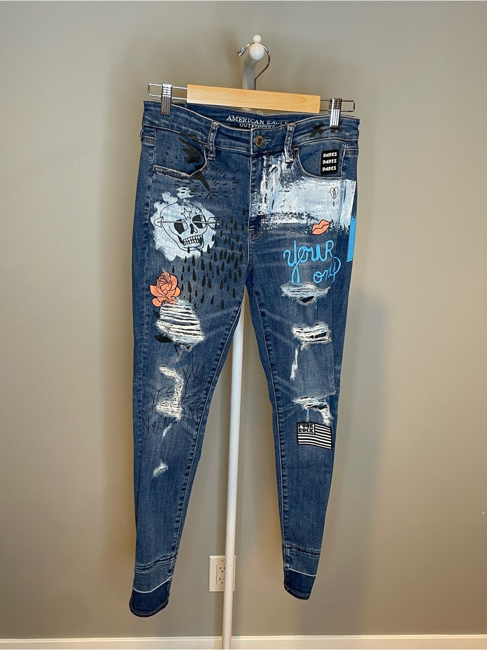 American Eagle Outfitters Blue Skinny Jeans with Colorful Patches and Artwork 10